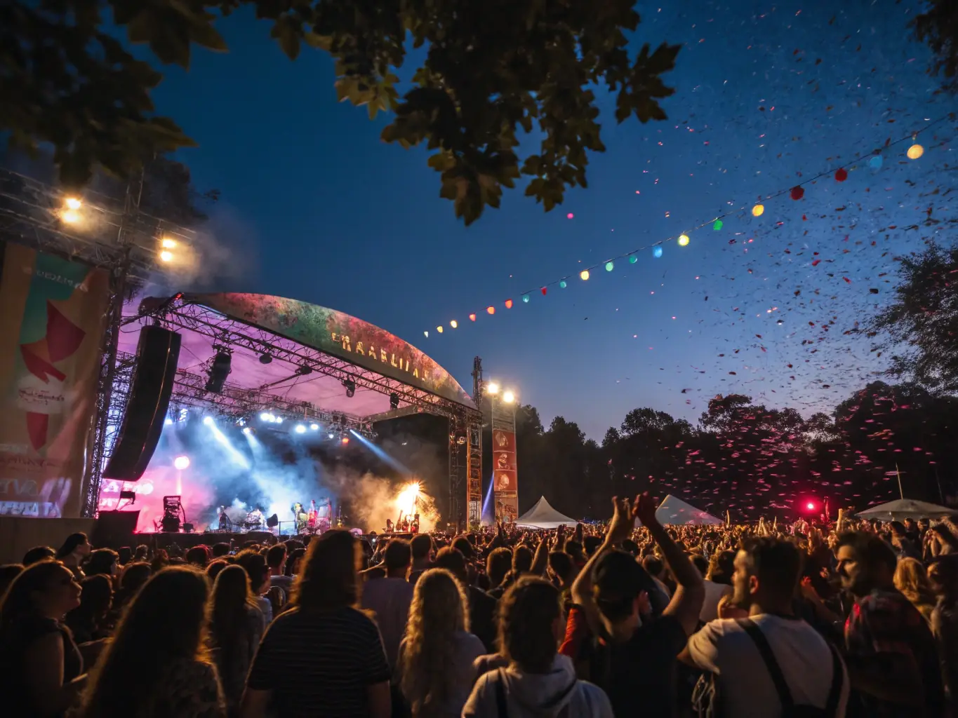 A lively outdoor music festival with a diverse crowd enjoying performances on stage, vibrant lighting, and colorful decorations, representing L’UNIVERS CULTUREL's cultural event organization services.