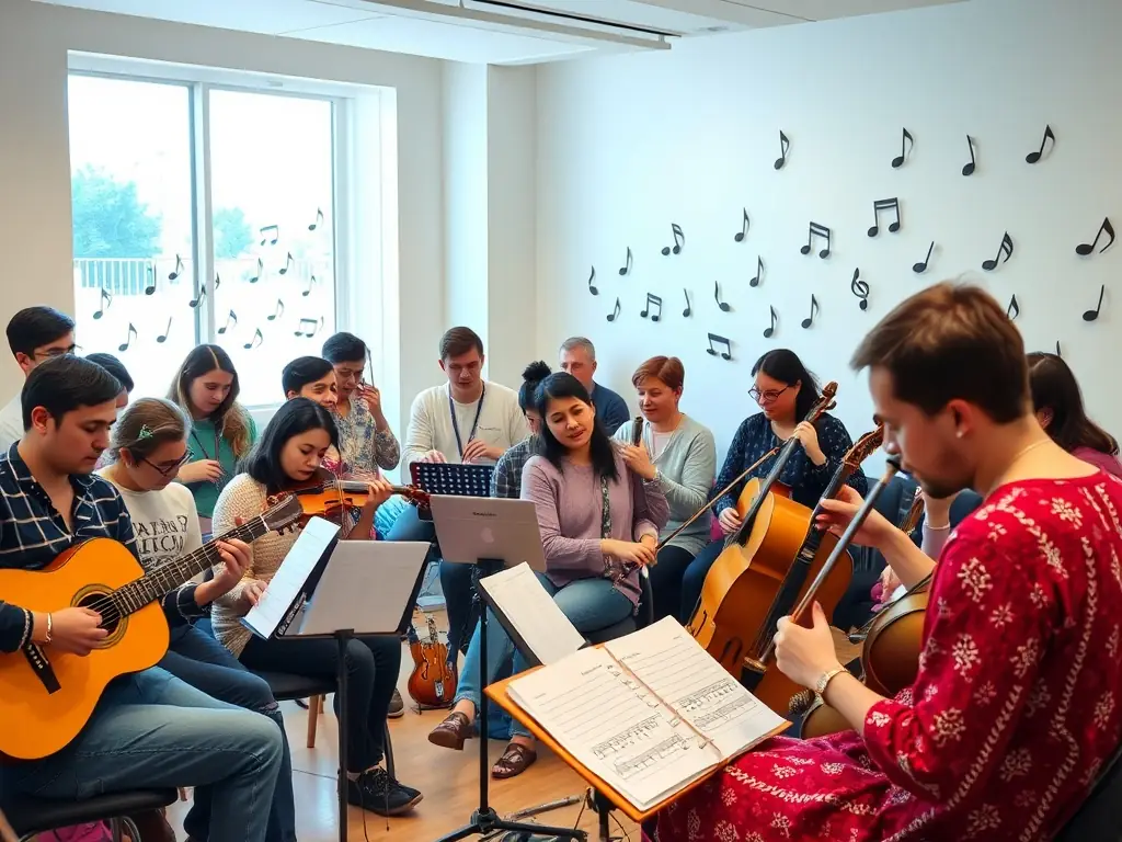 A photo of a cultural mediation workshop in progress, with participants actively engaged in learning about music techniques and cultural history.