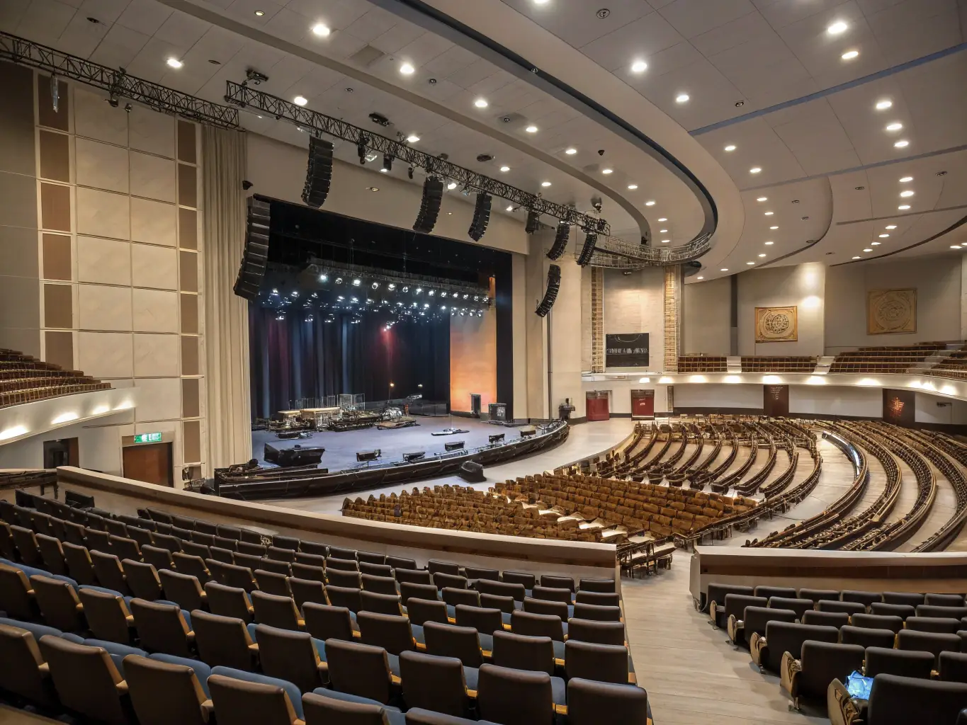 An indoor venue with professional sound and lighting equipment set up for a live music performance, with an audience in attendance, representing L’UNIVERS CULTUREL's equipment rental and venue use services.