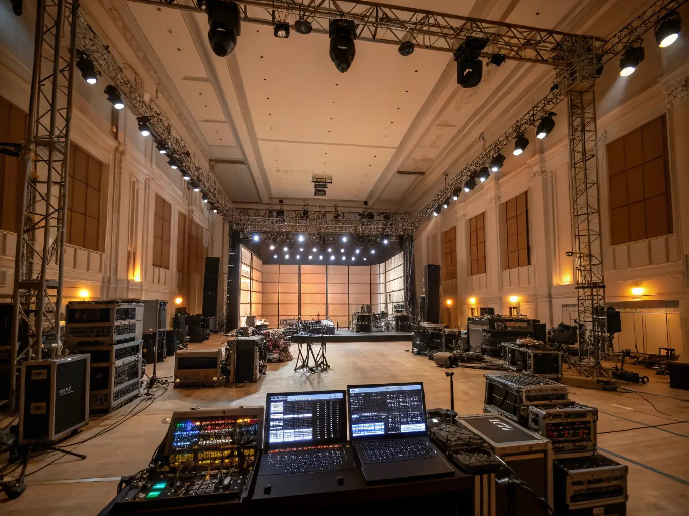An image of various sound and lighting equipment available for rent, along with a view of a venue space used for rehearsals and performances.