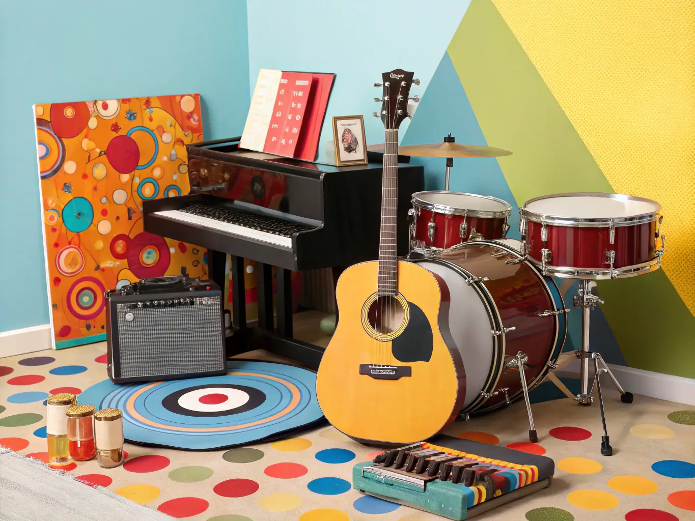 An image of various musical instruments and sound equipment available for rent, along with a view of the venue space, emphasizing the resources provided by L’UNIVERS CULTUREL to support artists and community groups.