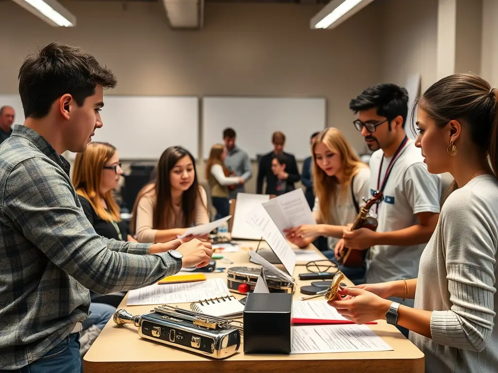 A photograph of participants actively engaged in a cultural mediation workshop, learning about music techniques and cultural history, highlighting the interactive and educational nature of the program.