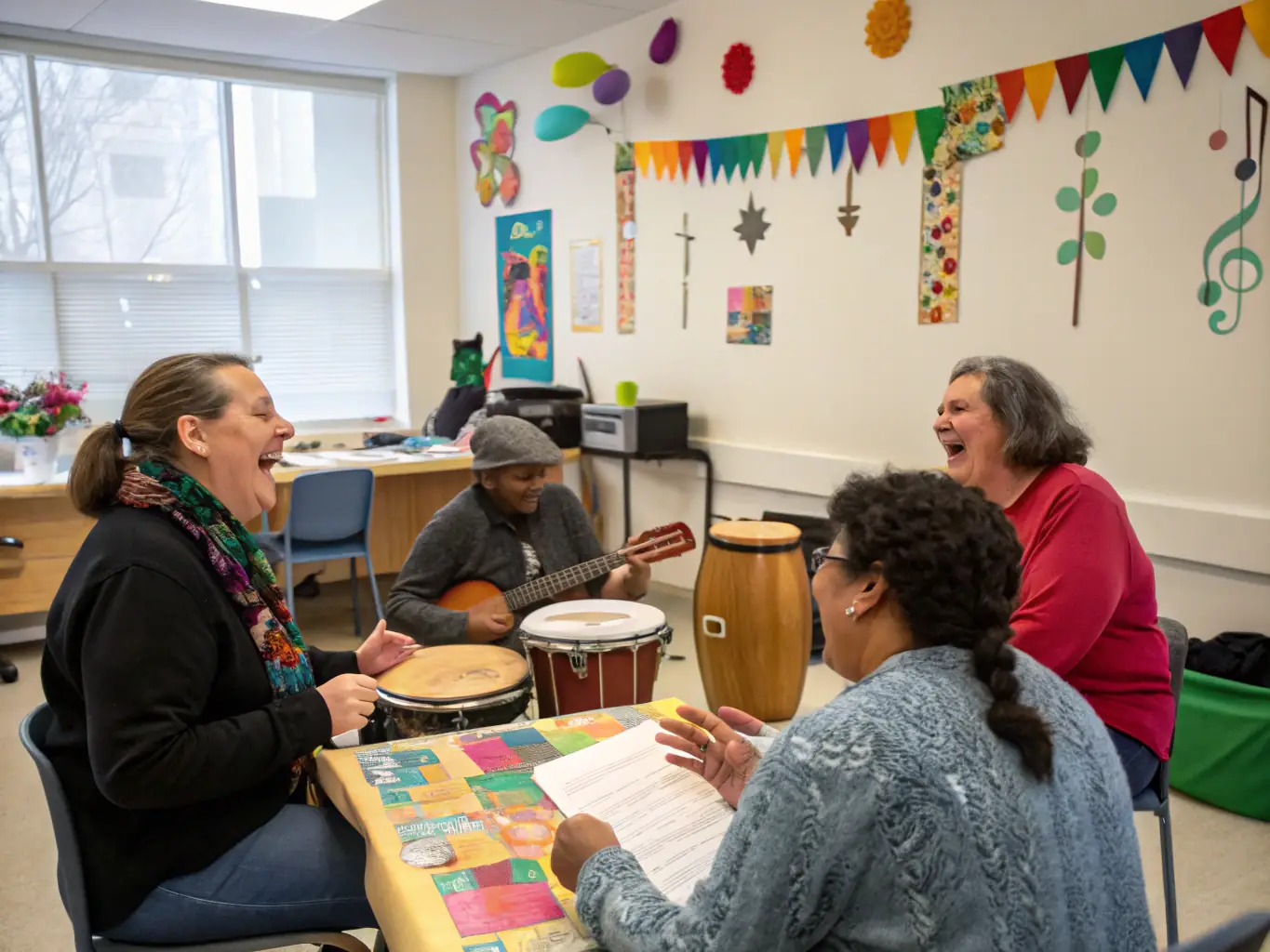 A group of diverse participants engaged in a hands-on music workshop, with an instructor guiding them and musical instruments in use, showcasing L’UNIVERS CULTUREL's cultural mediation workshops.